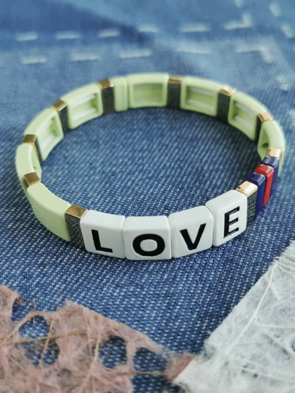 Roxanne Assoulin Just Say Love Light Green Enamel Stretch Bracelet NEW